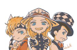 3boys akatsuki19 battle_tendency beard black_hair blonde_hair blue_eyes bow bowtie caesar_anthonio_zeppeli chibi commentary_request facial_hair facial_mark feather_hair_ornament feathers goggles goggles_on_headwear gold_teeth grandfather_and_grandson grey_hat grin gyro_zeppeli hair_ornament hat headband jacket jojo_no_kimyou_na_bouken long_hair looking_at_viewer multiple_boys mustache one_eye_closed orange_jacket phantom_blood scarf smile steel_ball_run time_paradox top_hat triangle_print white_background will_anthonio_zeppeli yellow_theme