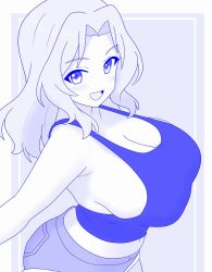1girl black_tank_top blonde_hair blue_theme blush breasts cleavage girls_und_panzer hair_intakes kay_(girls_und_panzer) large_breasts long_hair looking_at_viewer monochrome navel open_mouth outstretched_arms shira14 shorts sideboob simple_background smile solo spread_arms standing tank_top thighhighs white_background zettai_ryouiki
