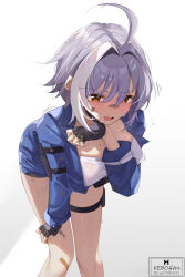 1girl accessories ahoge artist_name bandaid bandaid_on_face bandaid_on_leg bandaid_on_nose blue_jumpsuit breasts brown_eyes exhausted fingerless_gloves gloves goddess_of_victory:_nikke grey_hair hair_intakes highres huge_ahoge jumpsuit kebohan leaning_forward mori_(nikke) multicolored_hair short_hair short_jumpsuit streaked_hair sweat thigh_strap white_background