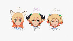1girl 2929gigamax :d ^_^ animal_ears black_horns blonde_hair closed_eyes closed_mouth curled_horns daiba_nana demon_horns dog fox fox_ears green_eyes green_ribbon grey_background hair_between_eyes hair_ears horns kemonomimi_mode looking_at_viewer multiple_views open_mouth ribbon short_hair short_twintails shoujo_kageki_revue_starlight simple_background smile twintails upper_body variations