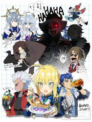 +_+ 1other 2girls 6+boys ahoge animal_ears aqua_eyes archer_(fate) archer_(honkai:_star_rail)_(fate) armor arrow_(symbol) artoria_pendragon_(fate) aventurine_(honkai:_star_rail) back bare_shoulders black_bodysuit black_boots black_bow black_eyes black_gloves black_hair black_hat black_jacket black_necktie black_pants black_shoes blonde_hair blue_bow blue_bowtie blue_choker blue_dress blue_eyes blue_hair blue_hat blue_jacket blue_shirt blue_shorts blue_sleeves blush bodysuit boothill_(honkai:_star_rail) boots bottle bow bowtie bracelet braid breasts brother_and_sister brown_hair brown_jacket cake cake_slice cape checkered_background choker closed_eyes closed_mouth coat collarbone collared_shirt commentary_request cowboy_hat creature crescent crescent_necklace crossed_bangs crying cu_chulainn_(honkai:_star_rail)_(fate) cup cupcake cyborg dark-skinned_male dark_skin detached_sleeves dress drinking earrings empty_eyes fate/stay_night fate/unlimited_blade_works fate_(series) feathered_wings fingerless_gloves fingernails flying_sweatdrops food frills full_body fur-trimmed_jacket fur_trim gem gloves gold_earrings gold_trim grey_armor grey_hair hair_between_eyes hair_bow hair_bun hair_over_one_eye halo halo_behind_head hand_on_own_chest hand_on_own_chin hand_up hands_up happy hat hat_feather hat_ornament head_wings holding holding_bottle holding_cup holding_food holding_plate holding_spoon honkai:_star_rail honkai_(series) hug huge_ahoge jacket jewel_under_eye jewelry lapels long_hair long_sleeves looking_at_food looking_at_viewer looking_to_the_side low_ponytail medium_breasts misha_(honkai:_star_rail) mr._reca_(honkai:_star_rail) multicolored_hair multiple_boys multiple_girls necklace necktie open_clothes open_coat open_jacket open_mouth pants pearl_(gemstone) pearl_bracelet pirohi_(pirohi214) plate pom-pom_(honkai:_star_rail) ponytail purple_dress purple_eyes rabbit_ears red_cape red_coat red_eyes red_hat red_jacket robin_(honkai:_star_rail) saber_(fate) saber_(honkai:_star_rail)_(fate) scarf shadow sharp_teeth shirt shoes short_hair short_sleeves shorts shoulder_armor siblings sidelocks single_earring sitting skott_(honkai:_star_rail) sleeveless sleeveless_dress smile sparkle spoon star_ornament sunday_(honkai:_star_rail) sunglasses sweatdrop teeth thigh_strap tongue translation_request two-tone_dress two-tone_hair upper_body v-shaped_eyebrows watermark white_background white_dress white_gloves white_hair white_scarf white_shirt wings zipper