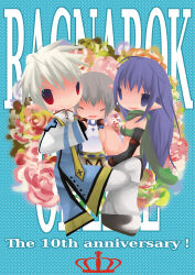 1boy 2000s_(style) 2girls anniversary arch_bishop_(ragnarok_online) black_gloves blue_background blue_coat chibi chibi_only closed_mouth coat commentary_request cropped_jacket elbow_gloves full_body gloves green_scarf green_tube_top grey_hair jacket long_hair long_sleeves looking_at_viewer multiple_girls no_lineart open_mouth pants pointy_ears purple_eyes purple_hair ragnarok_online ranger_(ragnarok_online) red_eyes scarf shirt short_hair smile solid_oval_eyes strapless super_novice_(ragnarok_online) tube_top white_hair white_jacket white_pants white_shirt yu_(lilacxx)