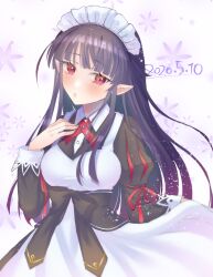 1girl apron beatrice_(iris_mysteria!) black_dress black_hair dated dress highres iris_mysteria! maid maid_apron maid_headdress pointy_ears red_eyes red_ribbon ribbon wanokuni_(wakokusforest)