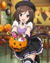 1girl alternate_costume artist_request black_gloves blurry blurry_background boots brown_eyes brown_hair candy chair decorations food globe gloves halloween halloween_costume hat indoors jack-o&#039;-lantern kuroda_kunika looking_at_viewer noble_witches non-web_source official_art open_mouth plant pumpkin short_hair solo table thighhighs world_witches_series