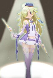 Rule 34 | 1girl, aki mabayu, bare shoulders, blue hat, blush, breasts, chromatic aberration, commentary, dual wielding, elbow gloves, gloves, green hair, hair ornament, hair over one eye, hat, highres, holding, holding scissors, juudo ni seiheki kojireta madoka suki, long hair, looking at viewer, magia record: mahou shoujo madoka magica gaiden, magical girl, mahou shoujo madoka magica, medium breasts, mini hat, miniskirt, no shoes, one eye covered, purple eyes, scissors, scissors hair ornament, skirt, solo, spotlight, standing, thighhighs, white gloves, white skirt, white thighhighs, zettai ryouiki