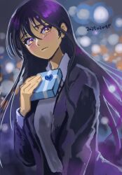 1girl 2025 black_hair blazer blurry blurry_background box collared_shirt dated gift gift_box gundam gundam_gquuuuuux highres holding holding_gift jacket long_hair looking_at_viewer nyaan_(gundam_gquuuuuux) okrdisk2000 purple_eyes shirt solo white_shirt