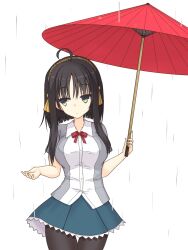 Rule 34 | 1girl, adapted costume, ahoge, black hair, black pantyhose, bow, bowtie, closed mouth, commentary request, cowboy shot, frilled skirt, frills, frown, green eyes, green skirt, grey shirt, hair between eyes, hair ornament, hands up, highres, hitachi mako, holding, holding umbrella, looking to the side, miniskirt, oil-paper umbrella, outdoors, pantyhose, rain, red bow, red bowtie, red umbrella, school uniform, senren banka, shirayamakoma, shirt, short hair with long locks, short sleeves, simple background, skirt, solo, straight hair, tassel, tassel hair ornament, thigh gap, two-tone shirt, umbrella, white background, white shirt