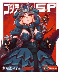 2024 2girls absurdres beak black_hair blonde_hair bones_(company) braid braided_bangs breasts breasts_apart claws cleavage clothing_cutout corset cosplay dress english_text fog genderswap genderswap_(mtf) godzilla godzilla_(cosplay) godzilla_(series) godzilla_singular_point godzilla_ultima godzilla_ultima_(cosplay) green_hair grey_hair harumakoto47 hat highres horns humanization japanese_text jewelry kaiju long_hair looking_at_viewer medium_breasts midriff monster monster_girl multicolored_hair multiple_girls necklace no_pupils orange_(company) personification pigtail_braids pteranodon pterosaur red_fog red_sky rodan sagging_breasts sharp_teeth short_hair silhouette skirt sky slit_pupils spikes stomach_cutout streaked_hair tail teeth toho two-tone_hair veins veiny_spikes wings yellow_eyes