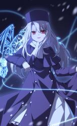 absurdres commentary_request dress fate/stay_night fate_(series) hat highres illyasviel_von_einzbern long_hair looking_at_viewer luyue open_mouth purple_dress purple_hat red_eyes scarf snowing white_scarf