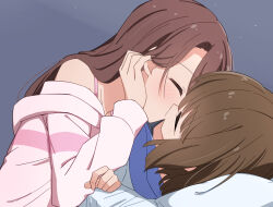 Rule 34 | 2girls, blue background, blush, bra strap, brown hair, closed eyes, commentary request, extreme hearts, hayama hiyori, highres, hood, hoodie, kiss, kodaka saki, long hair, medium hair, miruzawa akechi, multiple girls, pillow, pink hoodie, sleep molestation, sleeping, yuri