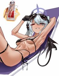 bikini black_bikini blue_archive bolt_action commentary dark-skinned_female dark_skin demon_tail eyewear_on_head gun hair_over_one_eye halo highres iori_(blue_archive) iori_(swimsuit)_(blue_archive) korean_commentary mauser_98 multi-strapped_bikini_bottom nasipeuran official_alternate_costume pointy_ears purple_halo rifle side-tie_bikini_bottom string_bikini sunglasses swimsuit tail thigh_strap weapon