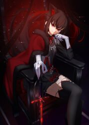 1girl ahoge animal_ear_fluff animal_ears azumi_illust black_hair black_shirt black_skirt boots braid cape chair commentary_request double_bun earrings fox_ears fox_girl fox_tail fur-trimmed_cape fur_trim garter_belt grin hair_between_eyes hair_bun highres holding holding_sword holding_weapon hololive jewelry kurokami_fubuki looking_at_viewer multicolored_hair red_cape red_eyes red_hair shirt sidelocks single_braid sitting skirt smile solo streaked_hair sword tail thigh_boots virtual_youtuber weapon