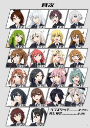absurdres agano_(kancolle) alternate_costume black_jacket black_necktie crescent crescent_hair_ornament fumizuki_(kancolle) furutaka_(kancolle) glasses grin hair_ornament hair_over_one_eye hamakaze_(kancolle) hibiki_(kancolle) highres jacket kagerou_(kancolle) kagerou_kai_ni_(kancolle) kako_(kancolle) kantai_collection kikuzuki_(kancolle) kinugasa_(kancolle) kinugasa_kai_ni_(kancolle) kuroshio_(kancolle) military_uniform mochizuki_(kancolle) mouth_hold nachi_(kancolle) nagatsuki_(kancolle) necktie oboro_(kancolle) okinami_(kancolle) ooi_(kancolle) pink_hair ponytail samusara satsuki_(kancolle) shikinami_(kancolle) smile upper_body uzuki_(kancolle) yura_(kancolle) yuubari_(kancolle) yuudachi_(kancolle) yuudachi_kai_ni_(kancolle)