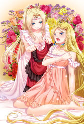 1990s_(style) 2girls :o ahoge barbariccia blonde_hair blue_eyes breasts circlet cleavage embarrassed final_fantasy final_fantasy_iv floral_background flower frills full_body highres lingerie long_hair looking_at_another multiple_girls nise_(nisej) orange_flower orange_rose parted_bangs pink_flower pink_rose ponytail red_flower red_rose retro_artstyle rosa_farrell rose sitting smile underwear very_long_hair wariza yellow_flower yellow_rose