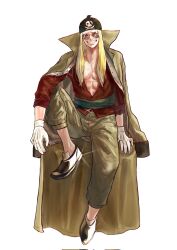 Rule 34 | 1boy, ^ ^, abs, blonde hair, clenched teeth, closed eyes, coat, coat on shoulders, full body, gloves, hashtag-only commentary, hat, highres, limejuice (one piece), long hair, male focus, one piece, sash, sc scandium, simple background, sitting, smile, solo, sunglasses, teeth, white background, white gloves