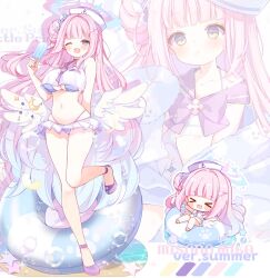 Rule 34 | &gt; &lt;, 1girl, :d, ;d, angel wings, bikini, blue archive, blue halo, blush, character name, chibi, closed eyes, commentary, food, full body, halo, hat, highres, holding, holding food, holding popsicle, innertube, long hair, looking at viewer, low wings, mika (blue archive), navel, one eye closed, open mouth, pink hair, popsicle, purple bikini, purple sailor collar, purple shoes, sailor bikini, sailor collar, shoes, smile, standing, standing on one leg, subin (subin 2011), swim ring, swimsuit, very long hair, white hat, wings, xd, yellow eyes, zoom layer