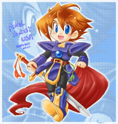 Rule 34 | !, 1boy, armor, armored boots, artist name, benjamin (ffmq), blue eyes, blush, boots, character name, copyright name, dated, final fantasy, final fantasy mystic quest, male focus, open mouth, solo, sword, tmbsrky, weapon