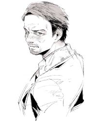 1boy ace_visconti beard cheekbones collared_shirt commentary connected_beard cropped_shoulders dead_by_daylight embarrassed english_commentary facial_hair furrowed_brow greyscale highres kawarayane looking_at_viewer looking_back male_focus mature_eyes mature_male monochrome parted_lips portrait shirt short_hair sideburns simple_background sketch solo stubble sweatdrop tumblr_username very_short_hair white_background wrinkled_skin