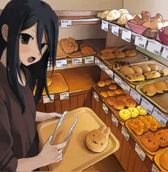 1girl :3 :o angry bakery black_eyes black_hair blush_stickers brown_shirt character-themed_food corrupted_twitter_file eyes_visible_through_hair food furrowed_brow hair_between_eyes highres holding holding_tongs holding_tray indoors light_blush long_hair looking_at_viewer obon_(ensoku_300en) open_mouth original pastry price_tag shirt shop sidelocks three-quarter_sleeves solo tongs tray