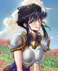 1girl absurdres armor belt black_hair blue_sky blush breastplate cloud commission commissioner_upload falling_petals field fire_emblem fire_emblem:_genealogy_of_the_holy_war flower grass hair_between_eyes highres larcei_(fire_emblem) looking_at_viewer nintendo outdoors petals pink_flower purple_eyes purple_tunic short_hair shoulder_armor sidelocks sky smile snazzypumpkin solo tunic