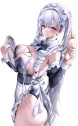 1girl absurdres alternate_costume apron ass black_bow black_bowtie black_leotard blue_eyes blush bow bowtie breasts candy chocolate chocolate_heart chocolate_on_body chocolate_on_breasts cinderella_(nikke) cleavage commentary english_commentary food food_on_body from_side furuming1 goddess_of_victory:_nikke grey_hair heart heart-shaped_food highres large_breasts leotard long_hair maid maid_apron maid_headdress simple_background solo thighs twintails white_background wrist_cuffs