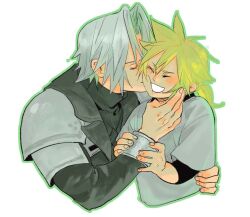 2boys age_difference aged_down armor black_coat black_sweater blonde_hair blush bracer closed_eyes cloud_strife coat cropped_torso final_fantasy final_fantasy_vii final_fantasy_vii_ever_crisis green_outline grey_hair grin hair_intakes hand_on_another&#039;s_cheek hand_on_another&#039;s_face hand_on_another&#039;s_waist layered_sleeves light_smile long_hair low_ponytail male_focus multiple_boys no_gloves outline parted_bangs pauldrons ponytail sephiroth sephiroth_(ever_crisis) shirt short_hair shoulder_armor simple_background smile sweater t-shirt takaraxiao upper_body white_background white_shirt yaoi