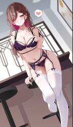 1girl absurdres arm_support bar_stool blush bra breasts brown_hair cleavage collarbone colored_inner_hair commentary_request commission cross cross_earrings dutch_angle earrings fingernails grin groin hair_over_one_eye heart highres hoiting_(vtuber) indie_virtual_youtuber indoors jewelry looking_at_viewer medium_breasts multicolored_hair nail_polish navel panties pink_hair purple_bra purple_garter_belt purple_panties revision sikimosh skeb_commission smile solo spoken_heart stomach stool thighhighs two-tone_hair underwear underwear_only virtual_youtuber white_thighhighs