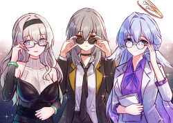 3girls :3 absurdres adjusting_eyewear alternate_costume bespectacled black_choker black_hairband black_jacket black_necktie black_pants black_sleeves blue_eyes blue_hair blue_neckerchief bracelet choker closed_mouth collarbone detached_sleeves earrings firefly_(honkai:_star_rail) formal_clothes glasses grey_hair hair_between_eyes hair_intakes hairband halo head_wings highres holding holding_paper honkai:_star_rail honkai_(series) jacket jewelry jimpu6 long_hair long_sleeves looking_at_viewer medium_hair multiple_girls neckerchief necktie non-web_source pants paper pink-tinted_eyewear purple_shirt red_lips robin_(honkai:_star_rail) shirt sidelocks single_earring sleeveless sleeveless_sweater smile stelle_(honkai:_star_rail) sunglasses sweater tinted_eyewear trailblazer_(honkai:_star_rail) very_long_hair white_hair white_jacket white_shirt white_sweater white_wings wings yellow_eyes yellow_halo