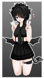 1girl black_eyes black_hair black_nails black_necktie black_shirt black_skirt black_tail black_wings blush breasts collared_shirt crop_top cropped_legs demon_girl demon_horns demon_tail demon_wings double_v grey_background hair_over_one_eye hairband heart highres horns looking_at_viewer low_wings medium_breasts midriff necktie open_mouth rize_(vrchat) shirt short_hair skirt sleeveless sleeveless_shirt smile solo suzuki-shi tail thigh_strap v vrchat wings