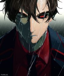 1boy angry artist_name black_background black_jacket black_necktie brown_hair clenched_teeth collared_shirt commentary english_commentary film_grain gradient_background hair_between_eyes highres jacket male_focus necktie one_eye_closed original par0llel portrait rain rayne_(par0llel) red_eyes red_shirt red_trim shaded_face shirt short_hair solo straight-on teeth thick_eyebrows upturned_eyes v-shaped_eyebrows very_short_hair wet wet_hair white_background