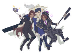Rule 34 | 3boys, ascot, black capelet, black gloves, black hair, black hat, black necktie, black shoes, bow, brown hair, cape, capelet, cavalier hat, cinq association west uniform, collared shirt, dark-skinned male, dark skin, full-stop office (identity) (project moon), full body, fur trim, gloves, gold trim, green eyes, hat, heathcliff (project moon), high ponytail, highres, holding, holding weapon, killerohan, knee guards, limbus company, long hair, long sleeves, looking at viewer, male focus, meursault (project moon), multiple boys, necktie, oufi association south uniform, ponytail, project moon, purple bow, purple eyes, purple necktie, selfie stick, shirt, shoes, short hair, simple background, sitting, sparkle, v, weapon, white ascot, white background, white cape, white gloves, white hat, white shirt