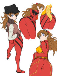 1girl absurdres alternate_costume ass ass_focus blue_eyes blush bodysuit brown_hair butt_crack cameltoe curvy evangelion:_2.0_you_can_(not)_advance evangelion:_3.0_you_can_(not)_redo floating_hair from_behind full_body hair_over_shoulder hands_on_own_hips hat highres huge_ass interface_headset_(evangelion) jacket leaning_forward legs_together long_hair looking_at_viewer looking_back mecha_pilot_suit multiple_views neon_genesis_evangelion plugsuit_(evangelion) rebuild_of_evangelion red_bodysuit redesign see-through_bodysuit see-through_clothes shiny_clothes shoulder_pads simple_background skin_tight souryuu_asuka_langley test_plugsuit_(evangelion) toshinoshin two_side_up white_background wide_hips