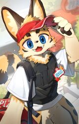 1boy black_fur black_vest blue_eyes borrowed_character brown_fur cheetah delivery fangs from_above furry furry_male hand_up highres looking_at_viewer multicolored_fur name_tag open_mouth original outdoors pawpads picklez pizza_delivery shirt solo spots standing syukapong vest visor_cap white_shirt yellow_fur