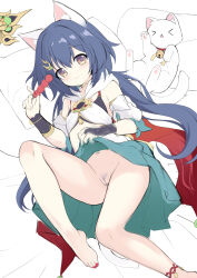 &gt;_&lt; 1girl :3 animal animal_ear_fluff animal_ears barefoot bed_sheet bell blue_hair blue_skirt brown_eyes cat closed_eyes closed_mouth clothes_lift commentary_request detached_sleeves groin hair_between_eyes highres honkai:_star_rail honkai_(series) jingle_bell long_hair looking_at_viewer lying nail_polish neck_bell no_panties on_side pillow pleated_skirt pubic_hair puffy_short_sleeves puffy_sleeves pussy red_nails sakuraba_hikaru_(loveindog) short_sleeves skirt skirt_lift smile solo toenail_polish toenails very_long_hair white_cat white_sleeves yunli_(honkai:_star_rail)