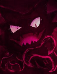 Rule 34 | chu (raizap), commentary, dated, english commentary, evil smile, gen 1 pokemon, haunter, highres, nintendo, no humans, open mouth, pokemon, pokemon (creature), pokemon focus, red eyes, red theme, signature, smile, solo