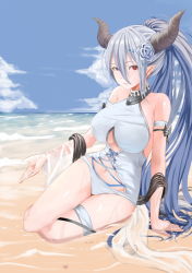 1girl arm_support beach blue_flower blue_hair breasts day female_focus flower granblue_fantasy grey_flower grey_rose hair_between_eyes hair_flower hair_ornament highres horns izmir izmir_(summer)_(granblue_fantasy) large_breasts long_hair looking_at_viewer navel nonh_(wormoftank) ocean outdoors pointy_ears ponytail red_eyes rose seashell shell sitting sky smile solo swimsuit very_long_hair water yokozuwari