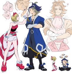 1boy 1girl adaman_(pokemon) arm_wrap blonde_hair blue_hair blush collarbone creatures_(company) crossed_arms fletchling game_freak gen_6_pokemon heart highres hug irida_(pokemon) looking_at_another multicolored_hair multiple_views nintendo padeliciouss pointing pokemon pokemon_legends:_arceus shaded_face simple_background slap_mark smirk standing tiptoes twitter_username two-tone_hair white_background