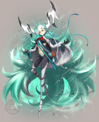152_in_can 1girl absurdres angry aqua_hair ascot black_gloves breasts broken cape cloak clothing_cutout e-stellar_marie earrings energy fate/grand_order fate_(series) full_body fur-trimmed_cape fur-trimmed_cloak fur_trim gloves gradient_hair grey_background hat highres horns jewelry large_breasts lightning long_hair long_horns looking_at_viewer multicolored_hair olga_marie_animusphere outstretched_hand red_ascot simple_background single_horn slit_pupils solo spread_fingers stomach stomach_cutout striped_bodysuit tachi-e teeth thighs thunder two-tone_hair u-olga_marie upper_teeth_only very_long_hair white_hair white_hat yellow_eyes