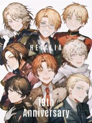 6+boys ahoge america_(hetalia) anniversary artist_name axis_powers_hetalia black_gloves black_jacket blonde_hair blue_eyes blue_jacket blue_necktie breast_pocket brown_coat brown_eyes brown_hair brown_jacket buttons china_(hetalia) closed_mouth coat collared_jacket collared_shirt commentary_request english_text facial_hair flag_print france_(hetalia) fur-trimmed_jacket fur_trim germany_(hetalia) glasses gloves green_eyes green_jacket grey-framed_eyewear grey_hair hair_between_eyes half-closed_eyes hand_on_own_chest hand_up highres italian_flag italian_flag_print jacket japan_(hetalia) lapels long_hair long_sleeves looking_at_viewer low_ponytail male_focus medal military_jacket military_uniform multiple_boys necktie northern_italy_(hetalia) one_eye_closed open_mouth orange_hair parted_bangs pink_jacket pocket ponytail purple_eyes red_jacket red_necktie red_sash russia_(hetalia) sash scarf semi-rimless_eyewear shirt short_hair sidelocks simple_background smile teeth united_kingdom_(hetalia) upper_body watermark wavy_hair white_background white_gloves white_sash white_scarf white_shirt wide_sleeves yellow_eyes yu_kari_to