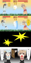 3girls 4koma absurdres capcom comic energy energy_ball hadouken hanasaku_iroha highres minichi minko multiple_girls ohana parody shockwave sonic_boom_(speed) street_fighter