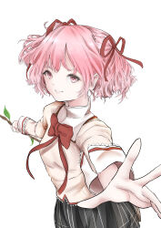 105_(user_mydj2758) 1girl absurdres black_skirt bow bowtie branch closed_mouth collared_shirt commentary cowboy_shot dot_nose eyelashes hair_ribbon high_collar highres holding holding_branch juliet_sleeves kaname_madoka lace lace-trimmed_shirt lace-trimmed_sleeves lace_trim leaf lips long_sleeves looking_at_viewer mahou_shoujo_madoka_magica mahou_shoujo_madoka_magica_(anime) miniskirt mitakihara_school_uniform outstretched_arms palms pink_eyes pink_hair pink_lips plaid_clothes plaid_skirt pleated_skirt puffy_sleeves red_bow red_bowtie red_ribbon ribbon school_uniform shirt short_hair short_twintails simple_background skirt smile solo standing twintails white_background white_sleeve_cuffs yellow_shirt