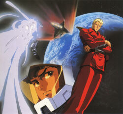 1980s_(style) 1990s_(style) 2boys amuro_ray axis_(gundam) blonde_hair char&#039;s_counterattack char_aznable cloud cover crossed_arms dvd_cover earth_(planet) gundam helmet in_orbit key_visual kitazume_hiroyuki looking_at_viewer mecha military_uniform mobile_suit multiple_boys neo_zeon nu_gundam official_art oldschool pilot_suit planet promotional_art retro_artstyle robot scan serious space spacesuit spoilers thrusters