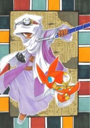 Rule 34 | 1boy, 2st, ankh, belt, bemani, blue eyes, border, brown belt, dark-skinned male, dark skin, faux egyptian, goggles, goggles on headwear, grin, hato (heiseiradiodenk), hieroglyphics, holding, holding sword, holding weapon, keffiyeh, looking at viewer, male focus, papyrus (pop&#039;n music), pop&#039;n music, prosthesis, prosthetic arm, red eyes, robe, scarf, smile, sword, weapon, white robe, white scarf