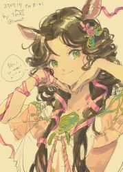 1girl animal_ears arm_ribbon artist_name brown_hair dated deer_ears deer_girl dress green_eyes hair_ribbon hands_on_own_cheeks hands_on_own_face highres jessica_(reverse:1999) jessica_(the_sound_of_paradise)_(reverse:1999) korean_text long_hair looking_at_viewer official_alternate_costume pink_dress pink_ribbon reverse:1999 ribbon sketch smile solo speech_bubble tinct translation_request upper_body yellow_background