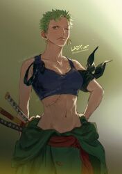 Rule 34 | 1girl, bandana around arm, breasts, cleavage, collarbone, eyelashes, genderswap, genderswap (mtf), goggles, gradient background, green hair, highres, looking at viewer, navel, one eye closed, one piece, plytometo, roronoa zoro, short hair, solo, stitched torso, stitches, sword, tank top, weapon