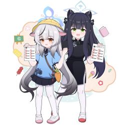 Rule 34 | 2girls, absurdres, academic test, animal ear fluff, animal ears, bag, black dress, black hair, black skirt, blue archive, blue halo, blue skirt, book, candy, carrot bag, chalkboard, china dress, chinese clothes, dot nose, dress, flower, food, green eyes, grey hair, halo, highres, holding, holding paper, holding pencil, ice cream, kokona (blue archive), long hair, looking at viewer, multicolored shoes, multiple girls, open mouth, orange eyes, paper, pencil, popsicle, shoulder bag, shun (blue archive), shun (small) (blue archive), skirt, tanghulu, thighhighs, tonghua sakana, twintails, very long hair, white background, white thighhighs
