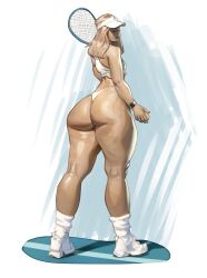 1girl ass ass_focus blonde_hair full_body hat highres holding_tennis_racket long_hair original panties racket shoes smartwatch socks solo sports_bra standing tennis_racket thatmfdiego underwear visor_cap watch white_hat white_panties white_shoes white_socks white_sports_bra wristwatch