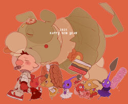1boy 2025 ^_^ adapted_costume animal bad_tag big_nose blue_hanbok blue_pikmin blue_skin blush_stickers brown_hair brown_hanbok bud carrying closed_eyes closed_mouth clothed_animal colored_skin dog english_text floppy_ears flower food food_request gloves green_hanbok hanbok happy happy_new_year helmet highres holding holding_food holding_hands korean_clothes leaf long_sleeves moss_(pikmin) new_year nintendo no_mouth olimar orange_background outline oversized_animal oversized_food oversized_object pikmin_(creature) pikmin_(series) pointy_ears pointy_nose radio_antenna red_gloves red_hanbok red_pikmin red_skin shirt short_hair simple_background smile space_helmet spacesuit sweatdrop tongue triangle_mouth tripping very_short_hair waist_tassel walking water_lily_flower whistle white_flower white_hanbok white_outline white_shirt wide-eyed wide_sleeves yellow_hanfu yellow_pikmin yellow_skin yu_pikmin