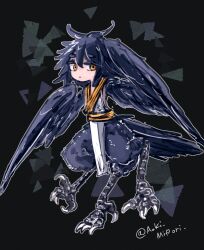 1girl aoki_midori_(artist) bird_legs bird_tail black_feathers black_hair black_wings commentary_request digitigrade extra_legs feathered_wings feathers highres original pelvic_curtain sash solo tail talons twitter_username winged_arms wings yellow_eyes yellow_sash