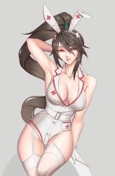 1girl akali alternate_costume animal_ear_hairband animal_ears arm_up armpits bare_shoulders black_hair breasts brown_eyes cleavage cleru_(cleruuuuu) collarbone fake_animal_ears garter_straps gloves grey_background hairband high_ponytail highres league_of_legends leotard long_hair looking_at_viewer medium_breasts nontraditional_playboy_bunny nurse nurse_akali playboy_bunny ponytail rabbit_ear_hairband rabbit_ears simple_background solo thighhighs thighs very_long_hair white_garter_straps white_gloves white_leotard white_thighhighs